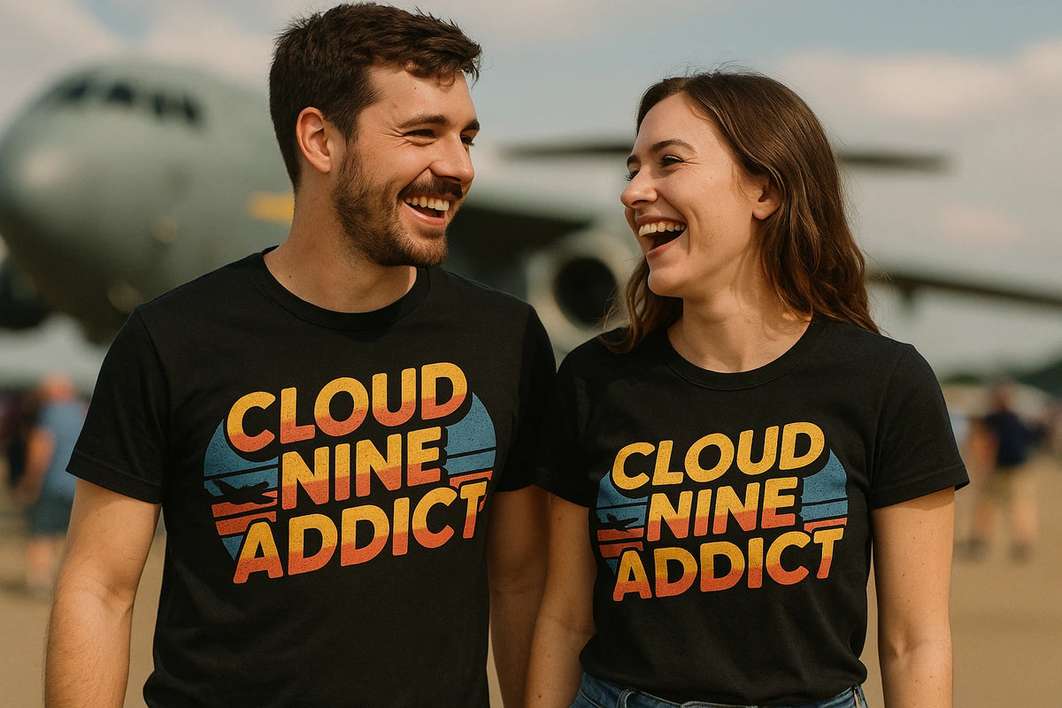Person wearing the black flying t shirt graphic tee - "Cloud Nine Addict" design