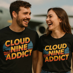 Person wearing the black flying t shirt graphic tee - "Cloud Nine Addict" design