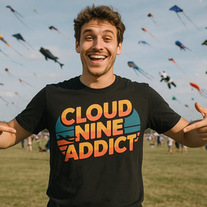 Lifestyle shot of the "Cloud Nine Addict" black flying t shirt in a real-world setting