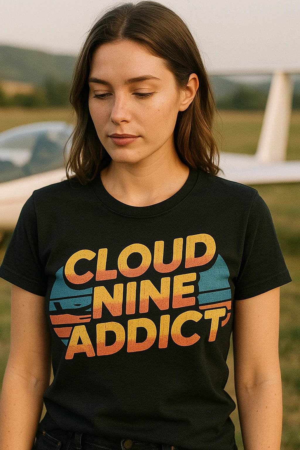 "Cloud Nine Addict" black flying t shirt, photographed as flying lover gift
