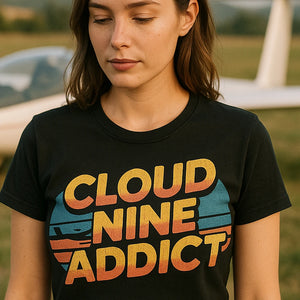 "Cloud Nine Addict" black flying t shirt, photographed as flying lover gift