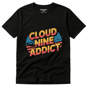 Black Flying T Shirt - "Cloud Nine Addict" graphic tee with orange print, flat lay product photo