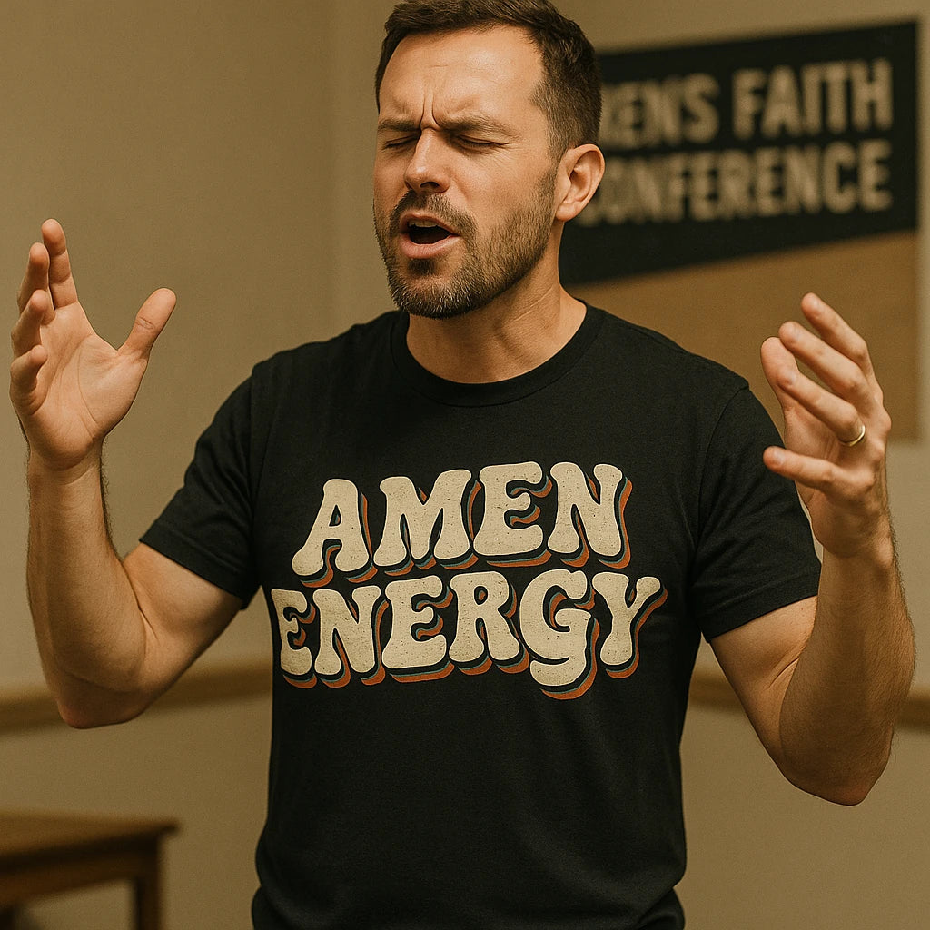 A person with short hair and a beard is wearing a black T-shirt with the text "AMEN ENERGY." They have their eyes closed and their hands raised, appearing to be engaged in a moment of concentration or prayer. In the background, part of a sign is visible with the text "ENS FAITH CONFERENCE."