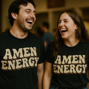 Person wearing the black love and faith t shirts graphic tee - "Amen Energy" design