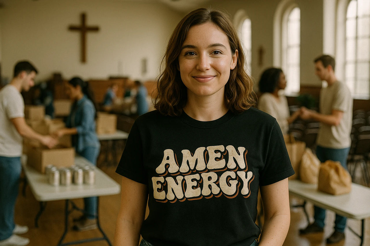A person with shoulder-length brown hair is smiling at the camera, wearing a black T-shirt with the text "AMEN ENERGY". They appear to be in a community service setting, with people in the background packing boxes and bags. There is a large cross on the wall behind them.