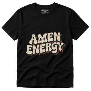 Black Love And Faith T Shirts - "Amen Energy" graphic tee with beige print, flat lay product photo
