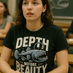 "Depth Before Beauty" black anglerfish t shirt - a birthday gift for anglerfish lover