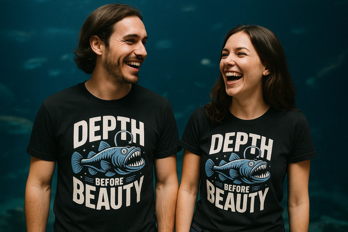 Person wearing the black anglerfish t shirt graphic tee - "Depth Before Beauty" design