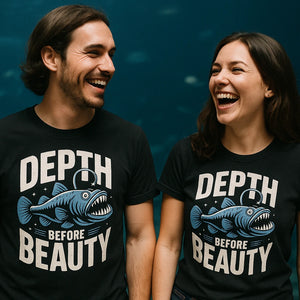 Person wearing the black anglerfish t shirt graphic tee - "Depth Before Beauty" design
