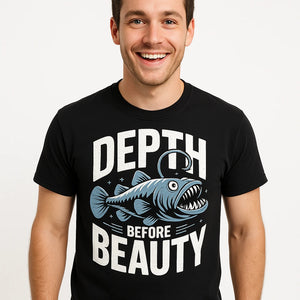 Close-up of the "Depth Before Beauty" white print on a premium Bella+Canvas black anglerfish t shirt