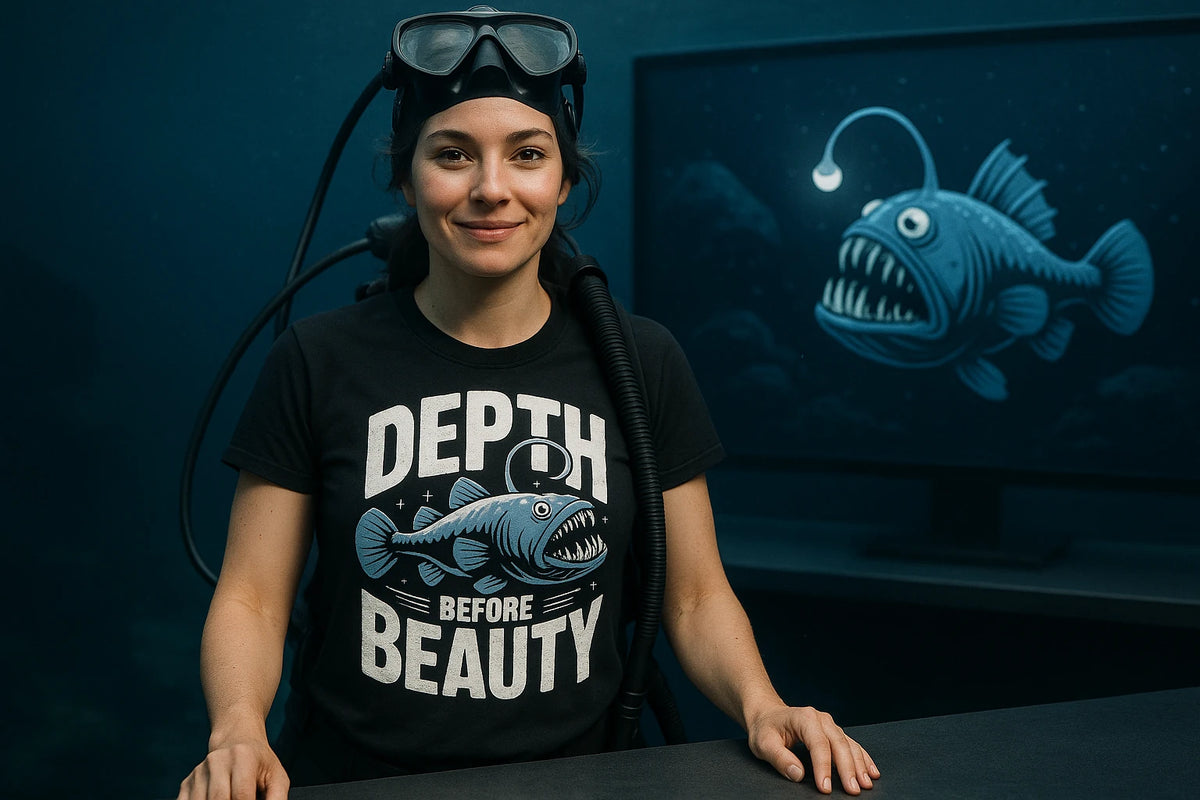 Lifestyle shot of the "Depth Before Beauty" black anglerfish t shirt in a real-world setting