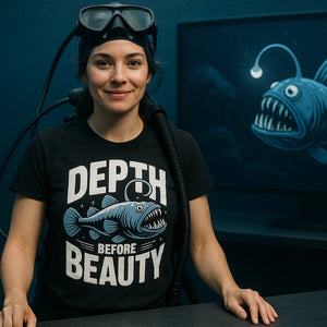 Lifestyle shot of the "Depth Before Beauty" black anglerfish t shirt in a real-world setting