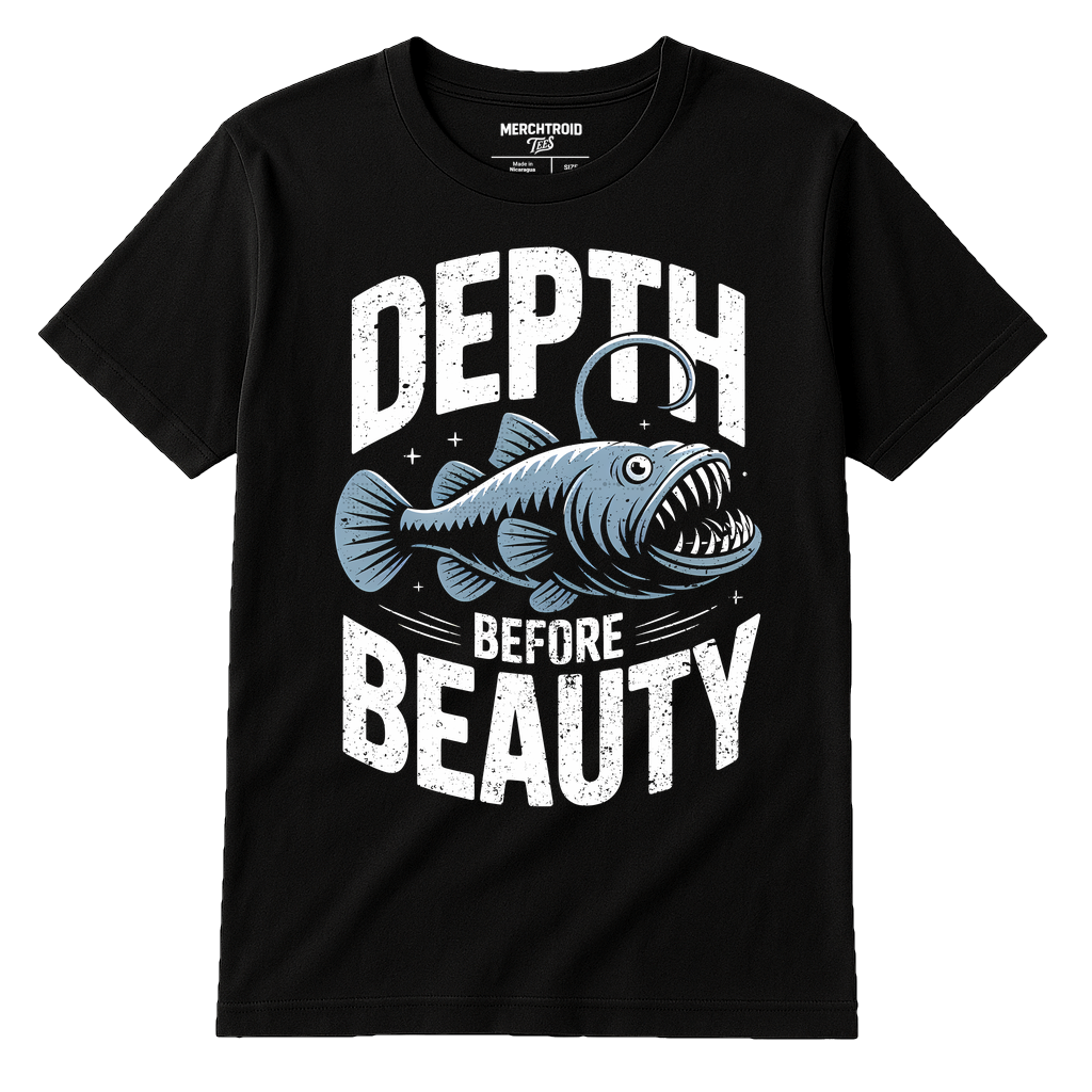 Black Anglerfish T Shirt - "Depth Before Beauty" graphic tee with white print, flat lay product photo
