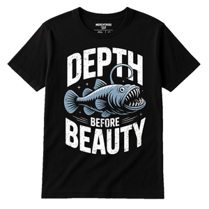 Black Anglerfish T Shirt - "Depth Before Beauty" graphic tee with white print, flat lay product photo