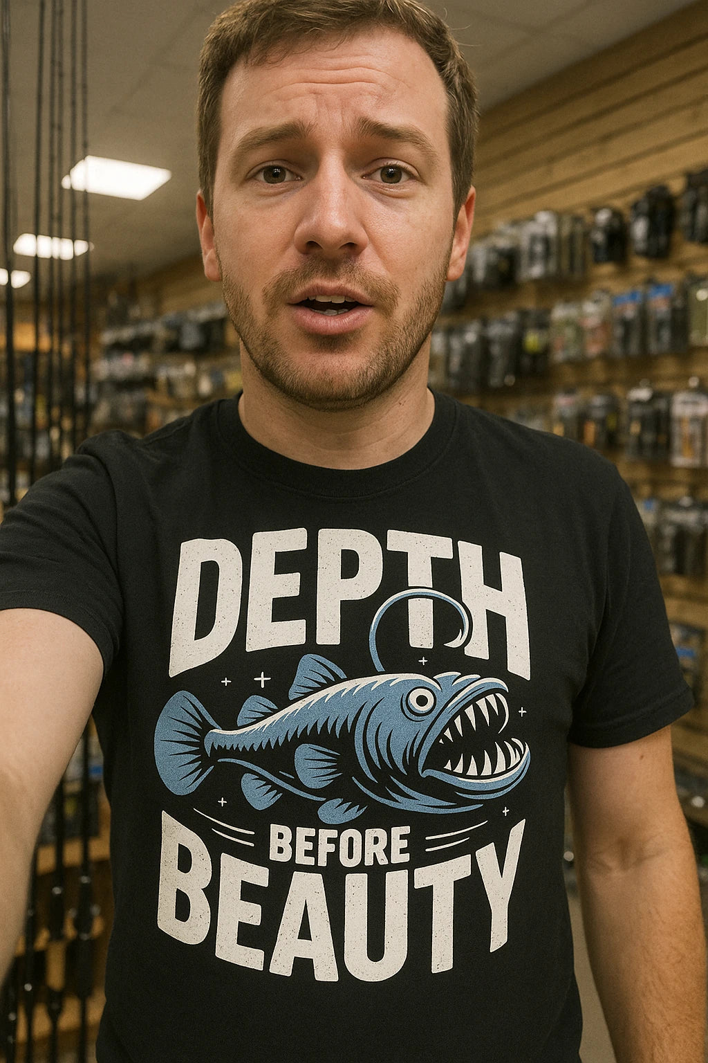 "Depth Before Beauty" black anglerfish t shirt, photographed as anglerfish lover gift
