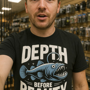 "Depth Before Beauty" black anglerfish t shirt, photographed as anglerfish lover gift