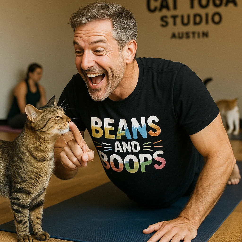 A man is lying on a yoga mat in a cat yoga studio, playfully interacting with a tabby cat. He is smiling and pointing his finger toward the cat. The man is wearing a black T-shirt with colorful letters that read "BEANS AND BOOPS." In the background, a woman is sitting on a yoga mat, and another cat is visible.