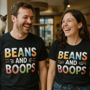 Person wearing the black cat lovers sweatshirt graphic tee - "Beans and Boops" design