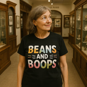 Lifestyle shot of the "Beans and Boops" black cat lovers sweatshirt in a real-world setting