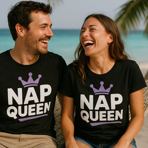 Person wearing the black relaxing t shirt graphic tee - "Nap Queen" design