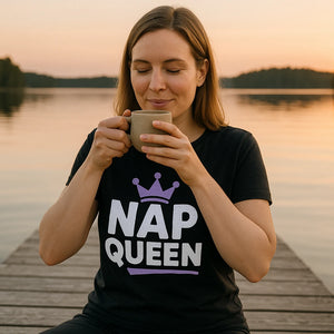 Lifestyle shot of the "Nap Queen" black relaxing t shirt in a real-world setting