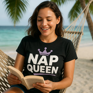 "Nap Queen" black relaxing t shirt, photographed as relaxing lover gift