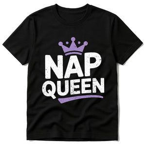 Black Relaxing T Shirt - "Nap Queen" graphic tee with white print, flat lay product photo