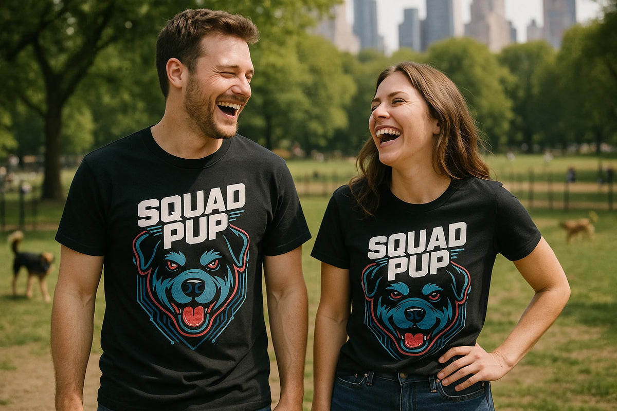 Person wearing the black dog t shirt graphic tee - "Squad Pup" design