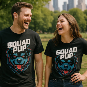 Person wearing the black dog t shirt graphic tee - "Squad Pup" design