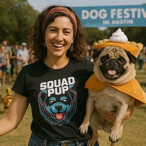 Lifestyle shot of the "Squad Pup" black dog t shirt in a real-world setting
