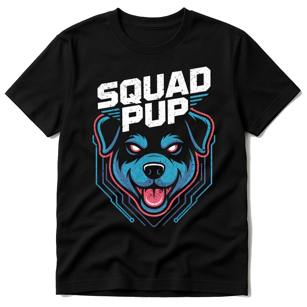 Black Dog T Shirt - "Squad Pup" graphic tee with gray print, flat lay product photo