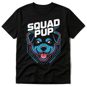 Black Dog T Shirt - "Squad Pup" graphic tee with gray print, flat lay product photo