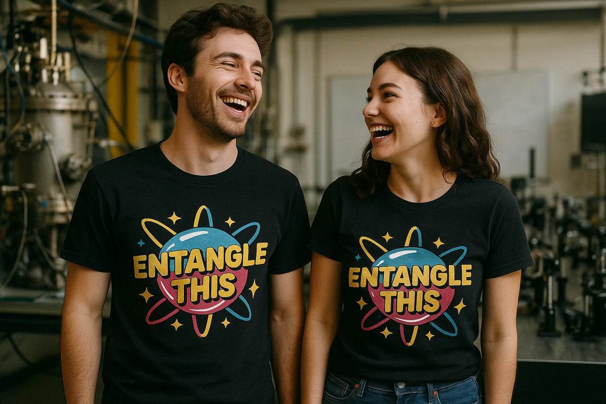 Person wearing the black quantum mechanics t shirt graphic tee - "Entangle This" design