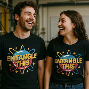 Person wearing the black quantum mechanics t shirt graphic tee - "Entangle This" design