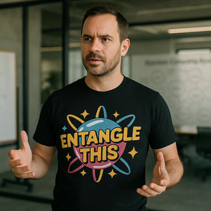 Lifestyle shot of the "Entangle This" black quantum mechanics t shirt in a real-world setting