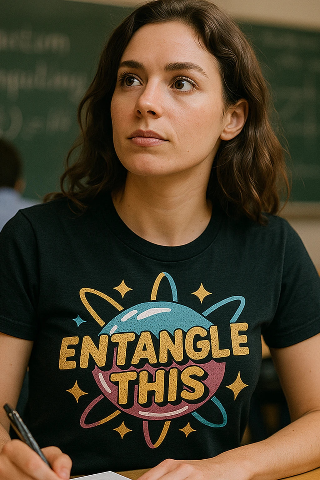 "Entangle This" black quantum mechanics t shirt, photographed as quantum mechanics lover gift