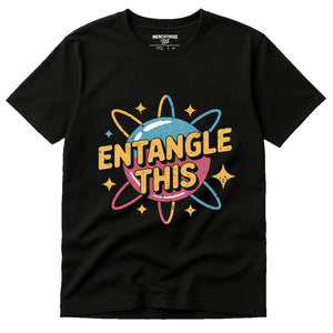 Black Quantum Mechanics T Shirt - "Entangle This" graphic tee with yellow print, flat lay product photo