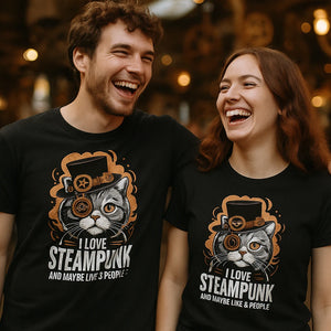 Person wearing the black t shirt steampunk graphic tee - "I Love Steampunk and Maybe Like 3 People" design
