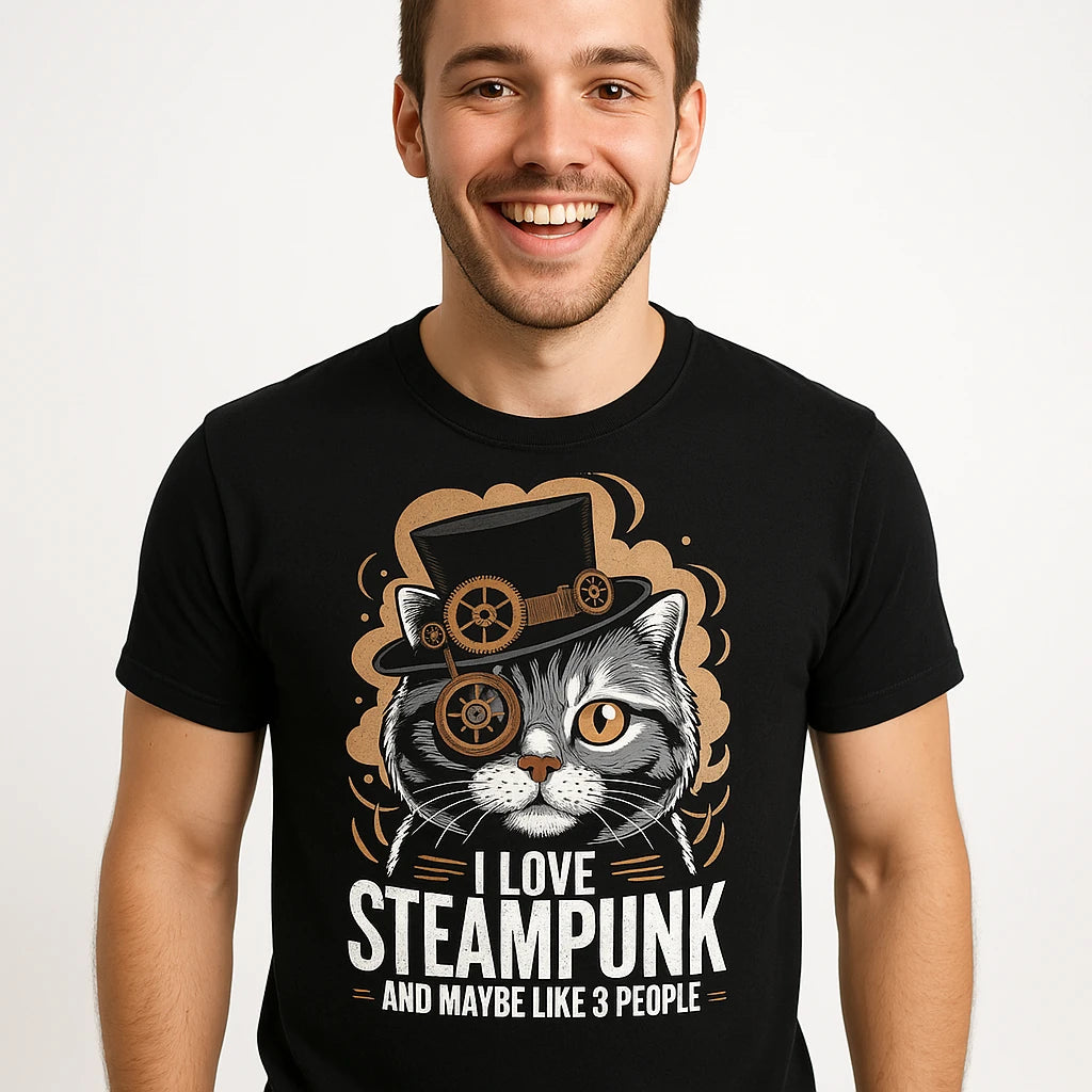 Close-up of the "I Love Steampunk and Maybe Like 3 People" gray print on a premium Bella+Canvas black t shirt steampunk