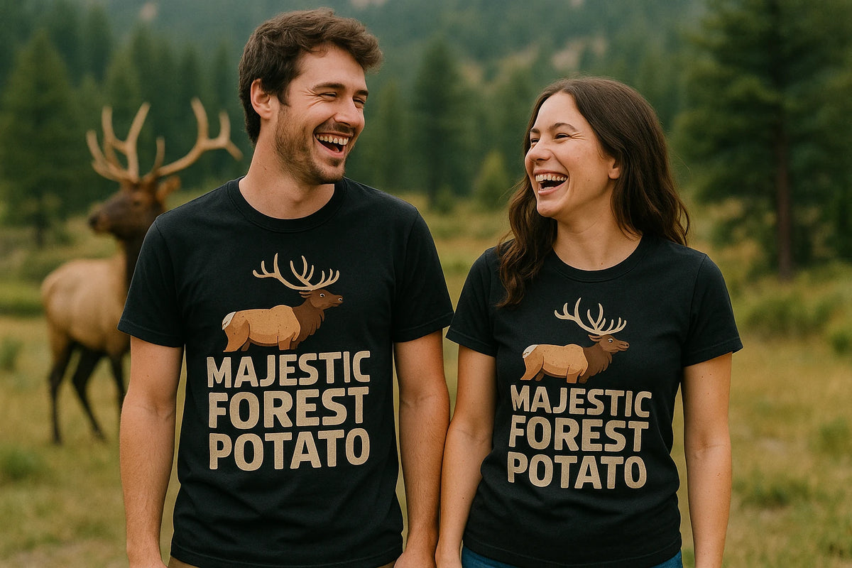 Person wearing the black elk t shirt graphic tee - "Majestic Forest Potato" design