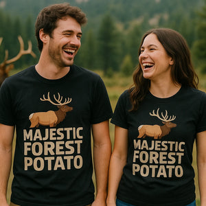 Person wearing the black elk t shirt graphic tee - "Majestic Forest Potato" design