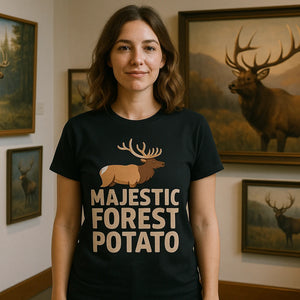 Lifestyle shot of the "Majestic Forest Potato" black elk t shirt in a real-world setting