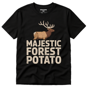 Black Elk T Shirt - "Majestic Forest Potato" graphic tee with beige print, flat lay product photo