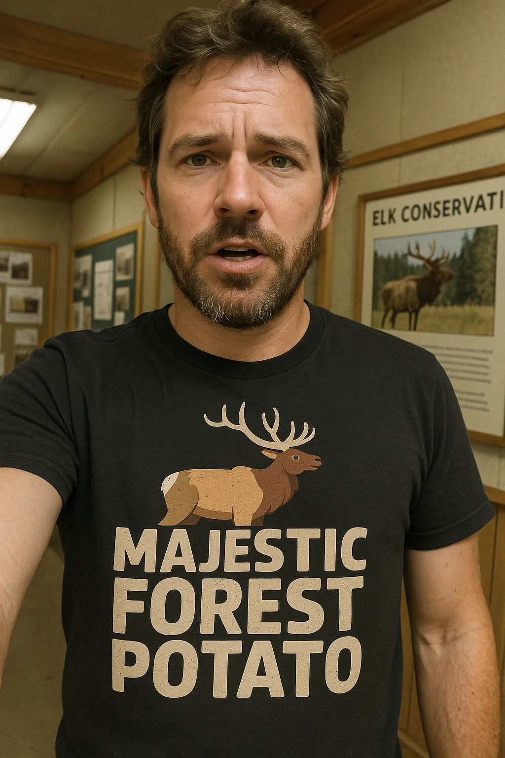 "Majestic Forest Potato" black elk t shirt, photographed as elk lover gift