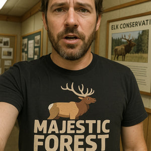 "Majestic Forest Potato" black elk t shirt, photographed as elk lover gift