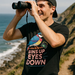 "Bins Up Eyes Down" black bird watching t shirts funny - also a bird watching gifts for dad