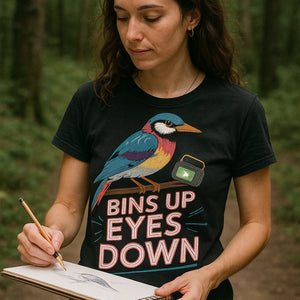 "Bins Up Eyes Down" black bird watching t shirts funny - also one of the best gifts for bird watchers