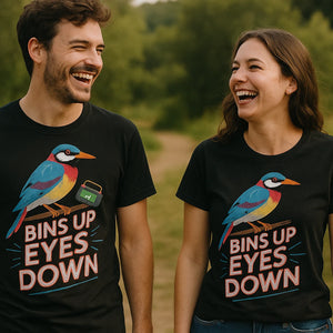 Person wearing the black bird watching t shirts funny graphic tee - "Bins Up Eyes Down" design