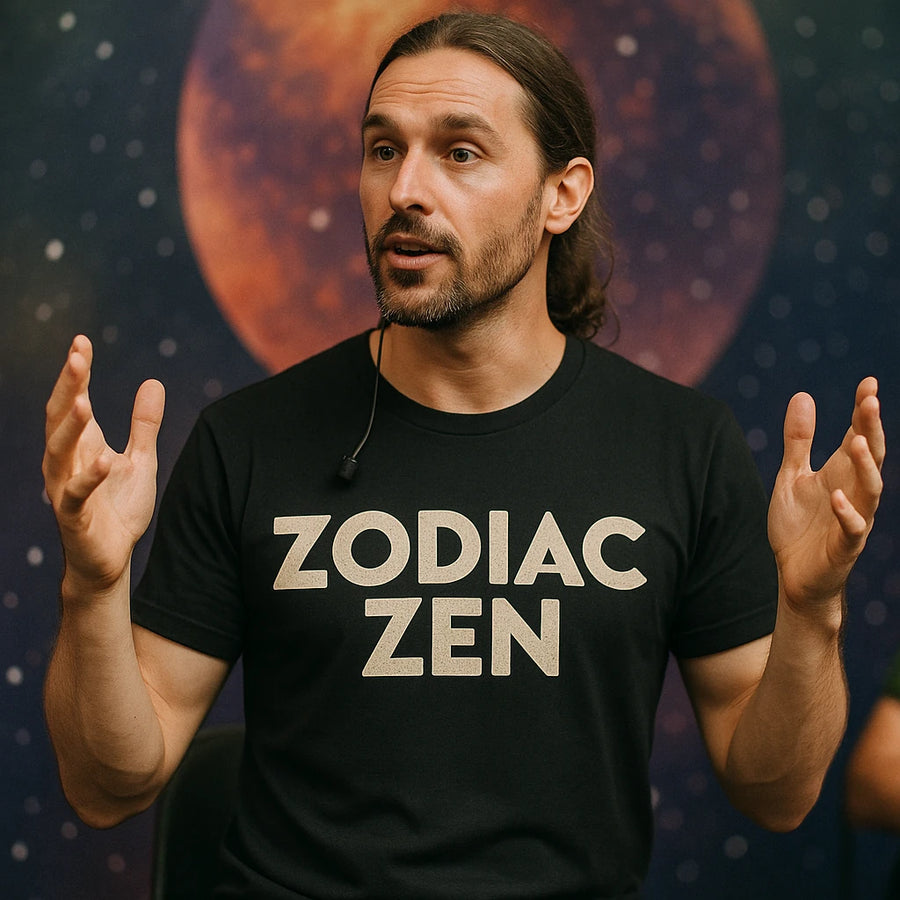 A person with long hair and a beard is speaking into a microphone while wearing a black T-shirt with the text "ZODIAC ZEN." Their hands are raised expressively. The background shows an abstract or cosmic design with a large circular shape resembling a planet or moon.