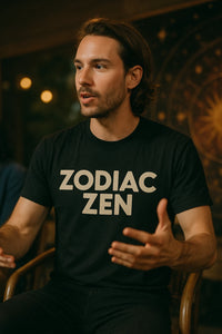 A person with medium-length brown hair and a beard, wearing a black shirt with the text 